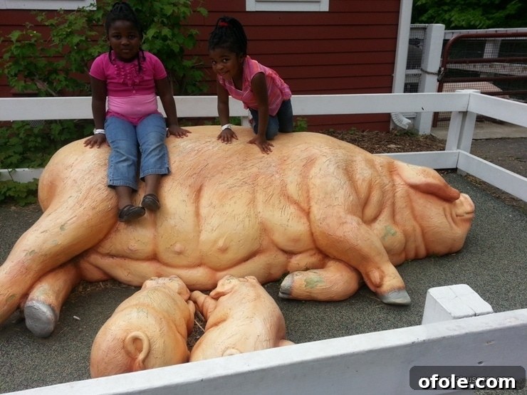 Two girls sitting on fake pig statues, smiling and having fun.