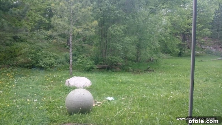 A tiger sleeping peacefully in its enclosure, barely visible.