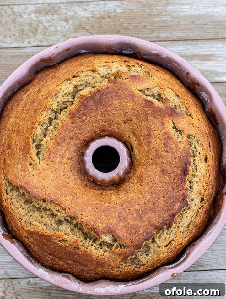 Moist Banana Bundt Cake 2 A beautifully golden-brown banana bread, freshly baked in a bundt pan, ready to be sliced and served.