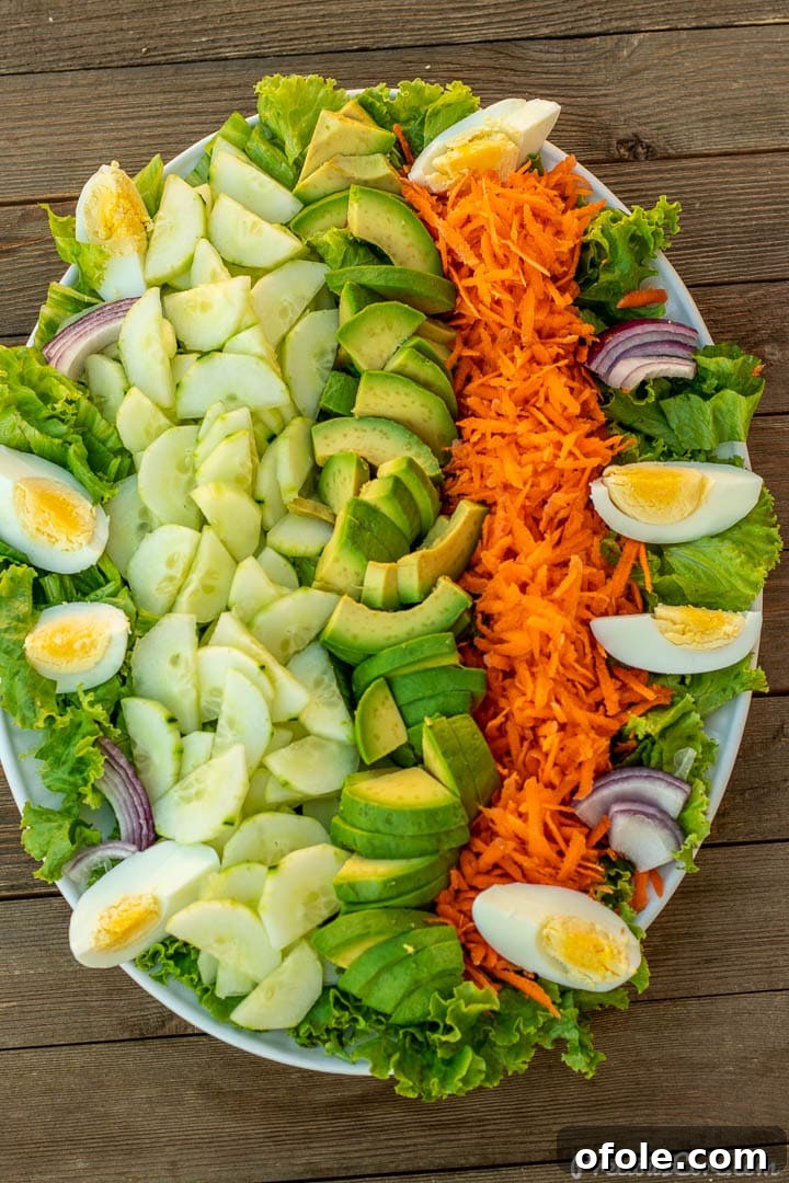 Crisp Green Salad 6 A colorful array of prepared vegetables for lettuce salad, including fresh lettuce, carrots, cucumbers, avocado, hard-boiled eggs, and red onion, beautifully arranged on a large serving platter.