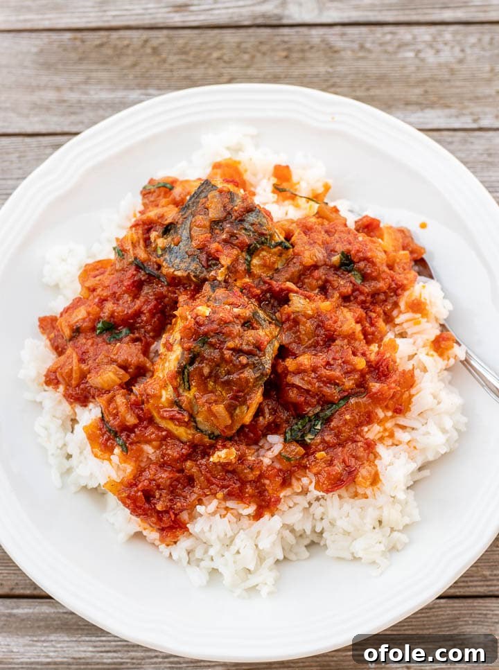 Rice in a plate with fish stew spread on top, ready to eat