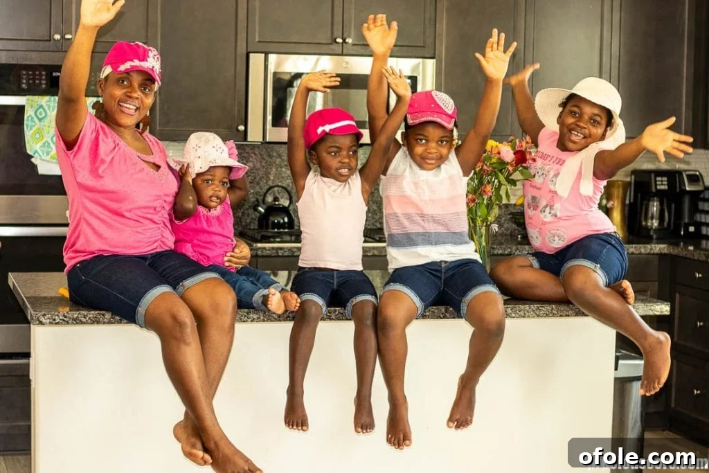 mother and 4 daughters in a kitchen