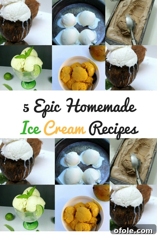 5 Irresistible Homemade Ice Cream Recipes 2 A vibrant collage showcasing the five delicious homemade ice cream and sorbet recipes with the text "5 Epic Homemade Ice Cream Recipes." This includes Coconut, Vanilla, Chocolate, Mint Key Lime ice creams, and Mango Coconut Sorbet.
