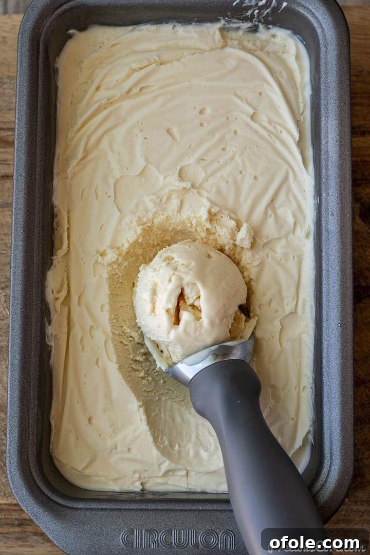Whip Up Your Own Classic Vanilla Ice Cream Step By Step 2 Vanilla ice cream in a load pan with scoop on top.