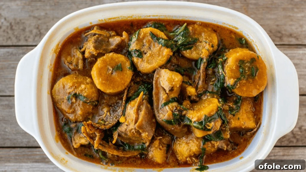 Close-up of a bowl of Sese Plantain, or Turning Plantain, garnished and ready to eat