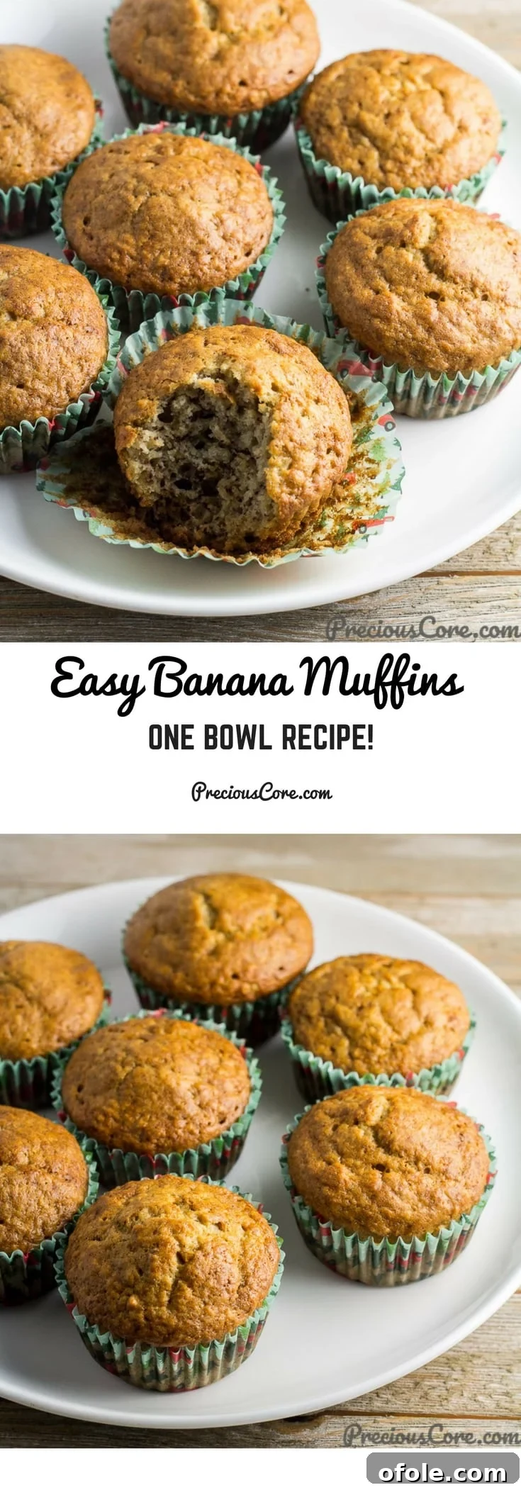 Collage with text "Easy Banana Muffins One Bowl Recipe!" and images of banana cakes.