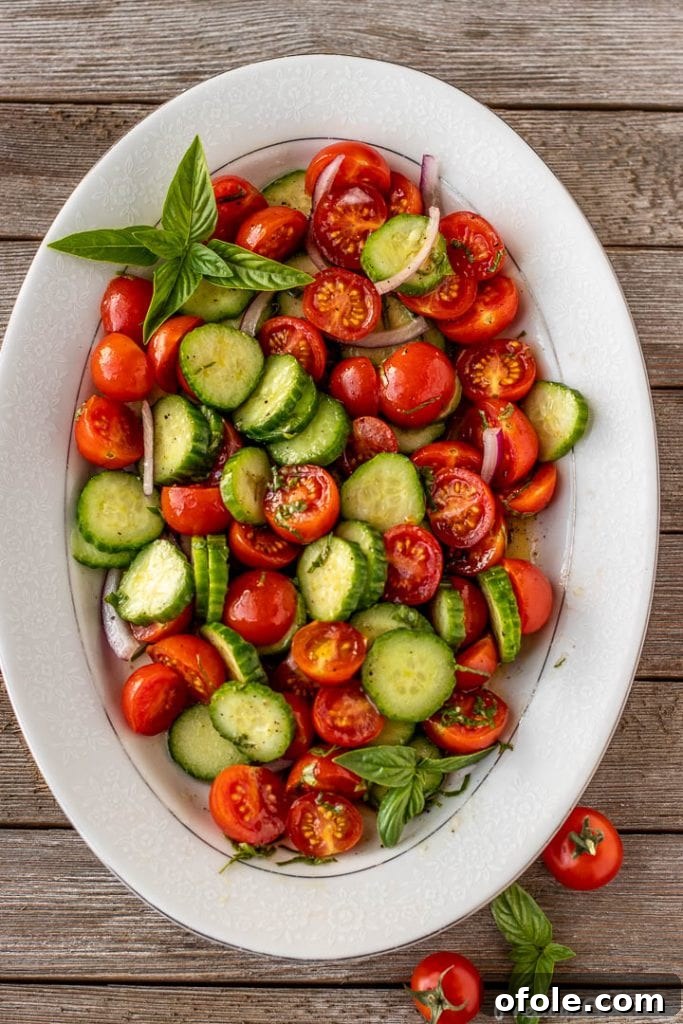Zesty Cucumber Tomato Onion Medley 7 The fully tossed cucumber tomato onion salad, ready to be enjoyed.