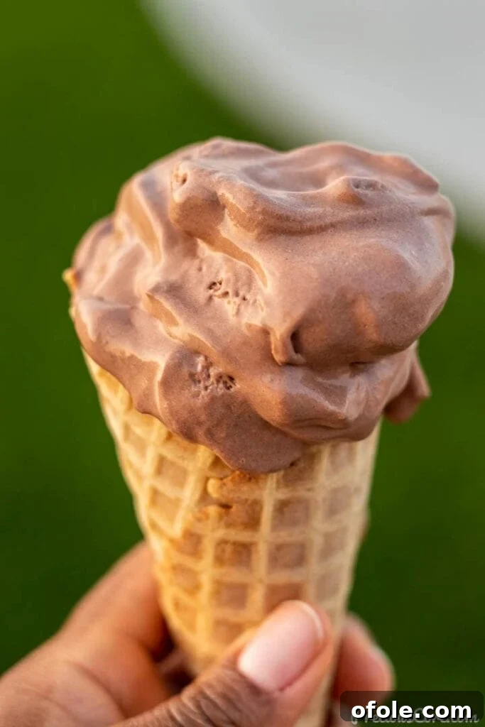 Hand holding a cone of luscious homemade chocolate ice cream, showcasing its rich color and creamy texture.