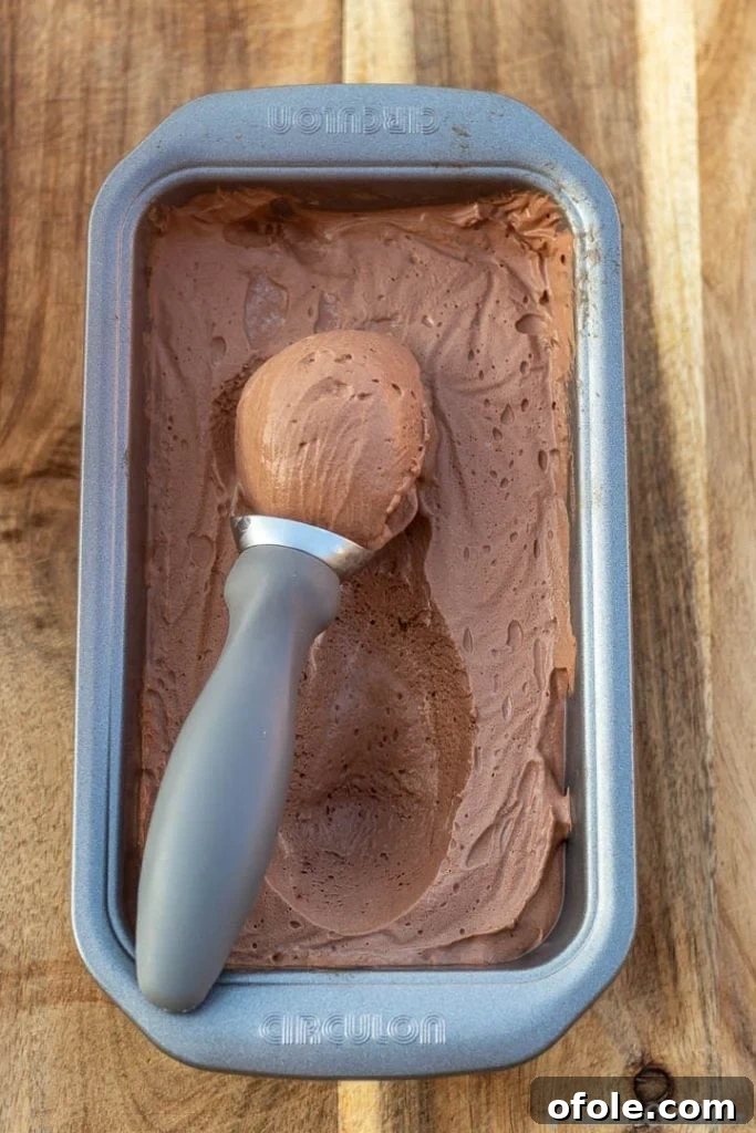 A scoop of creamy homemade chocolate ice cream nestled in a loaf pan, ready to be enjoyed.
