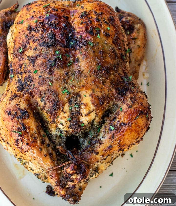 Savory Herb Roasted Chicken 2 Whole herb roasted chicken on a platter, garnished with fresh herbs and lemon slices.