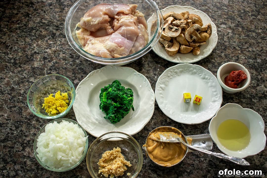 Soulful African Peanut Chicken Stew 4 All ingredients needed for easy African chicken peanut stew laid out on a kitchen countertop.