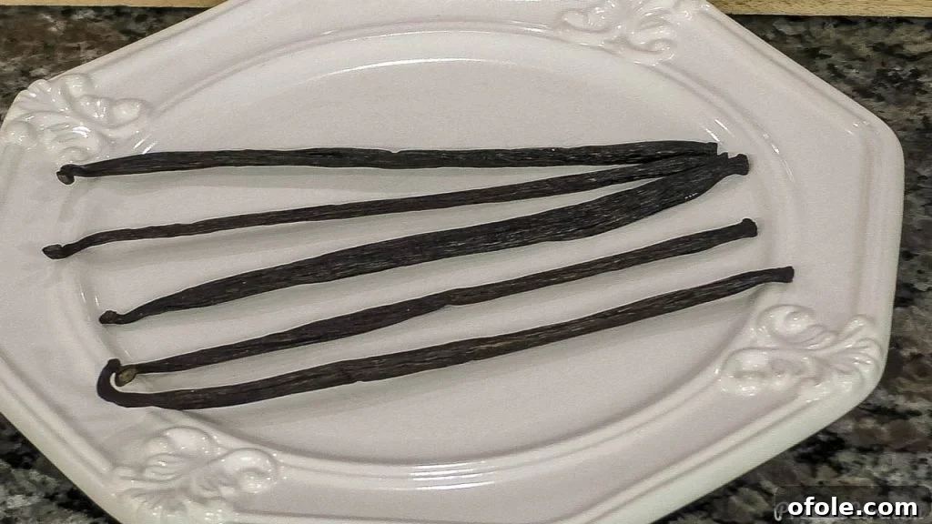 Close-up of plump, dark Tahitian vanilla beans arranged artfully on a white plate, highlighting their rich texture.