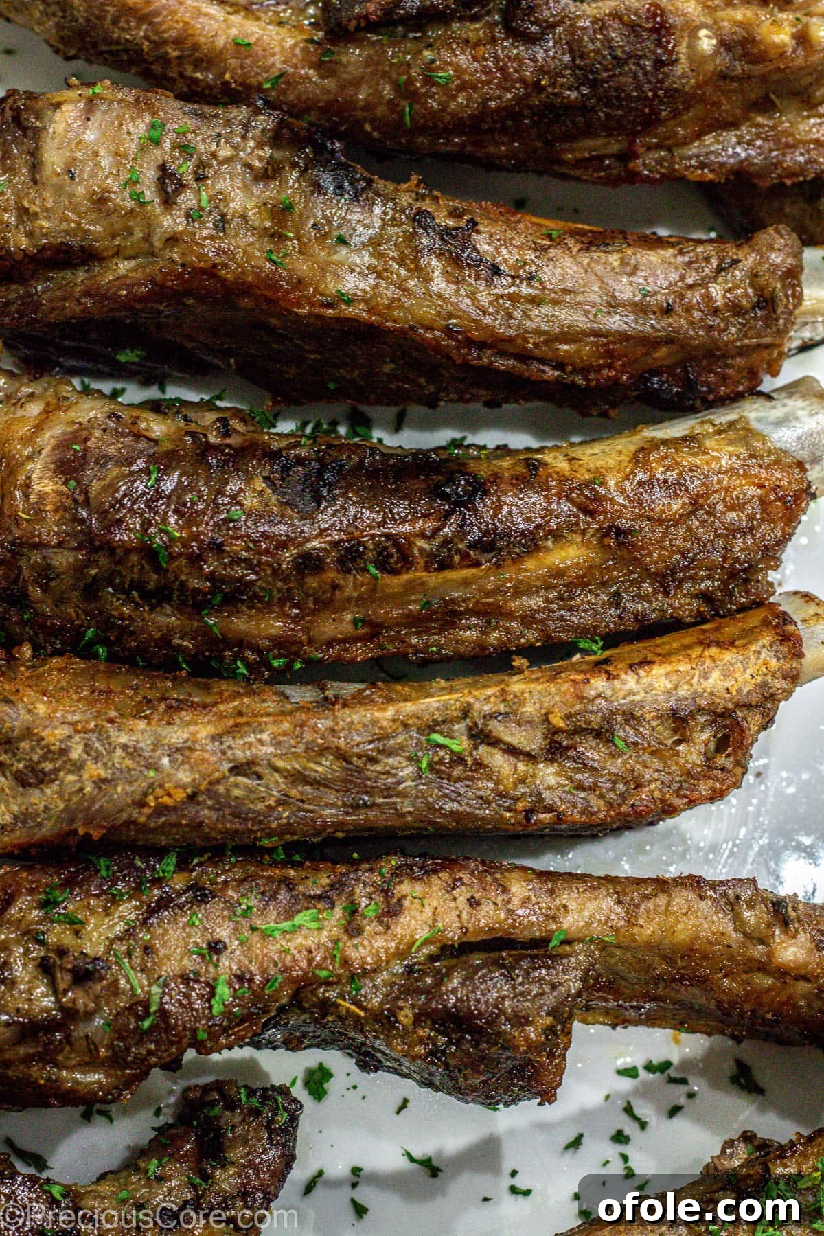 Broiled dry rub ribs, boasting a beautiful golden-brown crust, are elegantly arranged on a white serving platter, ready to be devoured.