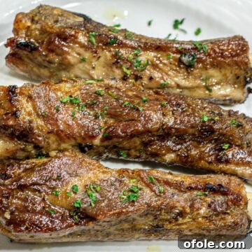 Three perfectly baked dry rub ribs resting on a pristine white plate.