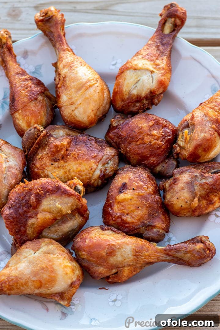A close-up of perfectly cooked and golden-brown fried chicken pieces, ready to be served with Jollof Rice