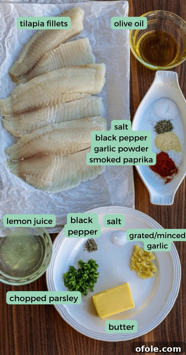 Ingredients for tilapia with lemon butter displayed neatly on a wooden table.