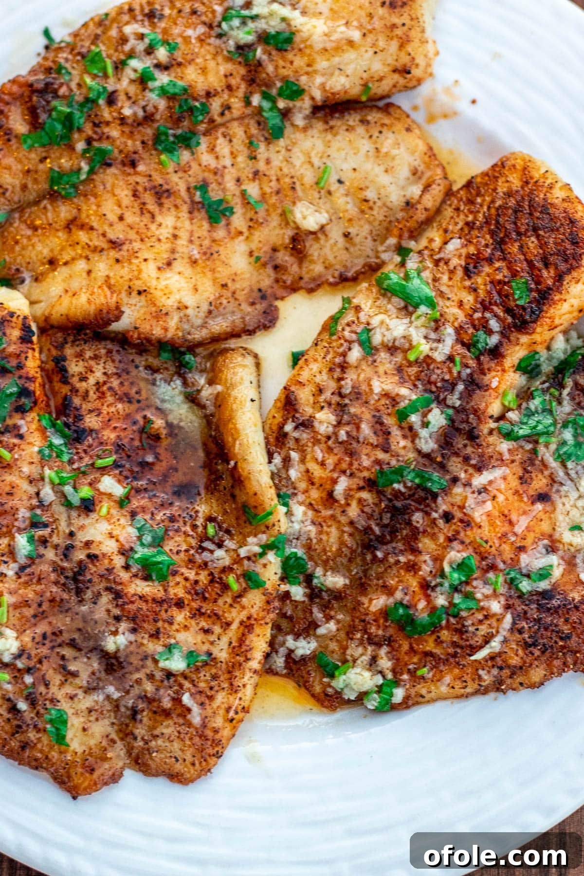 Cooked tilapia fillets drenched in lemon butter sauce, beautifully plated and garnished.