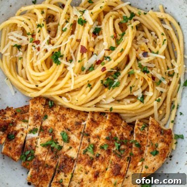 Square image of garlic butter chicken pasta.
