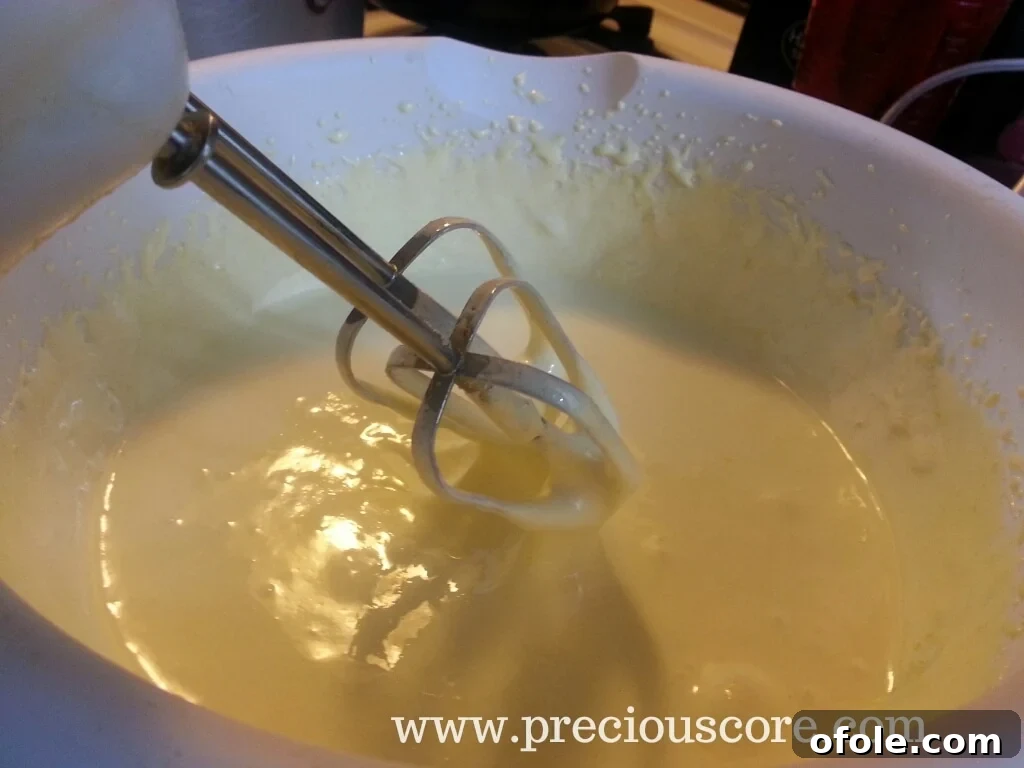 Thickened and pale egg yolk and sugar mixture after whisking