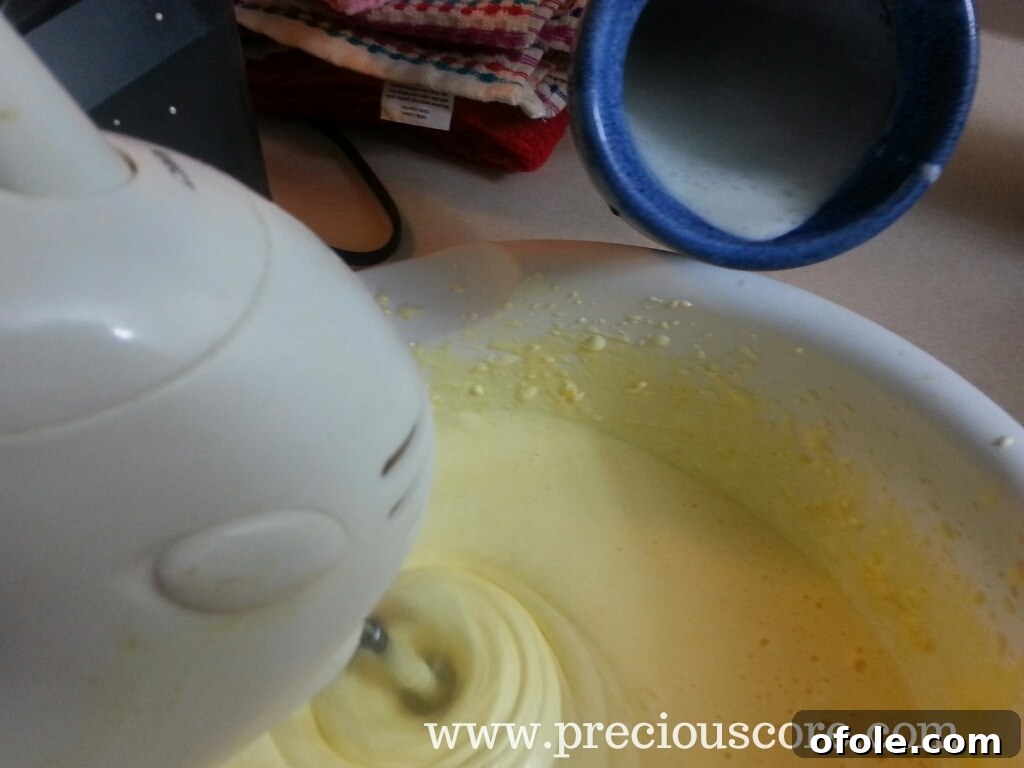 Tempering egg yolks by slowly whisking in warm dairy mixture