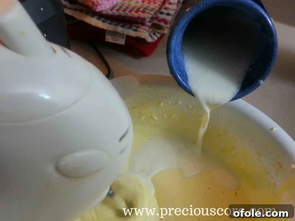 Tempered egg mixture, now smoother and lighter, ready for the pot
