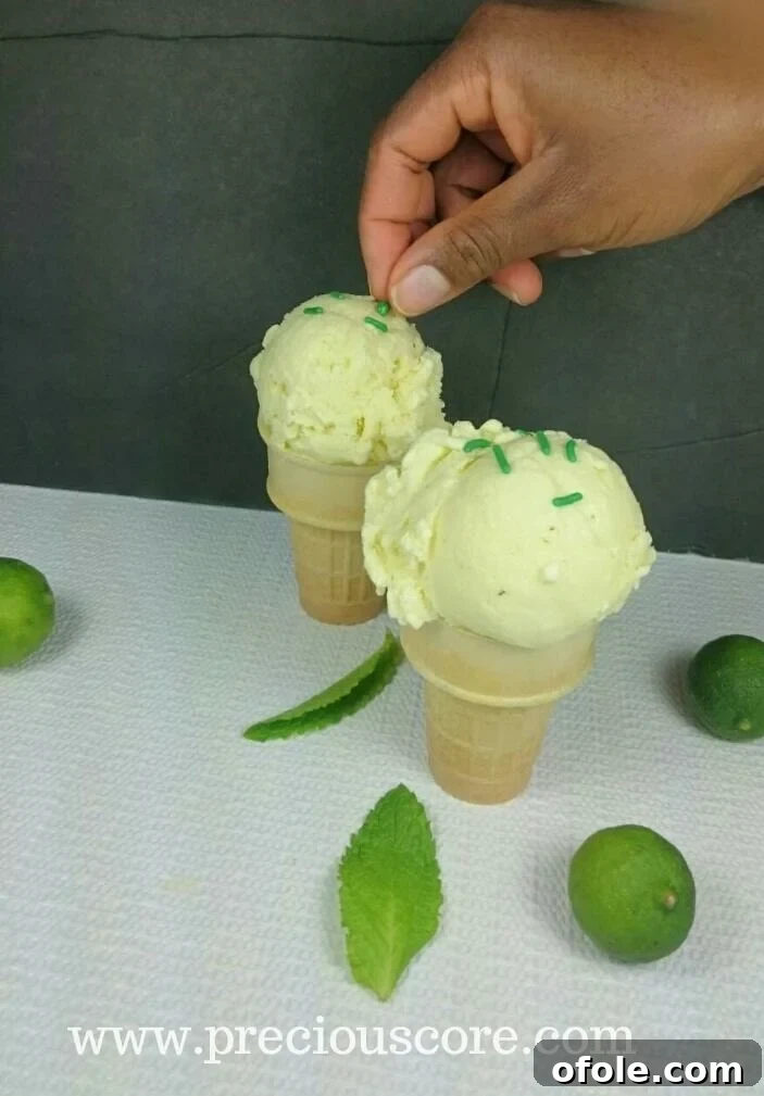 Close-up of creamy homemade Key Lime Mint Ice Cream texture