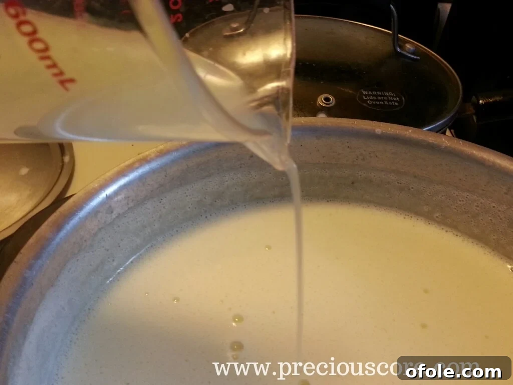 Adding key lime juice and vanilla extract to the simmering custard