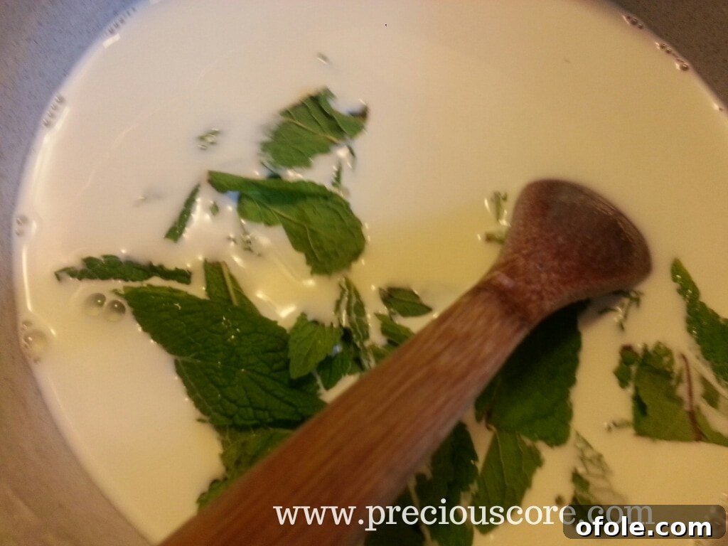 Close-up of mint leaves infusing in warm milk and cream mixture