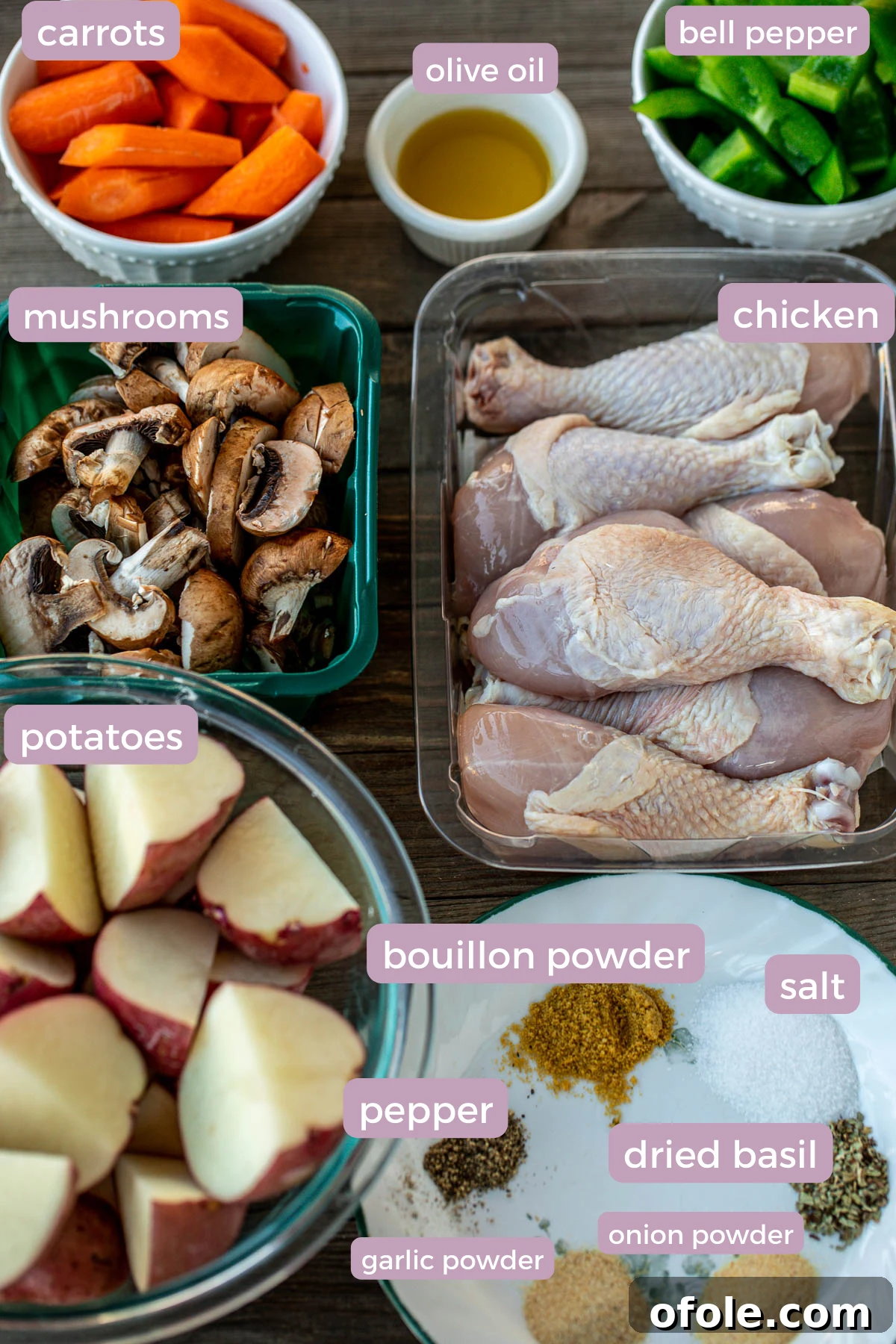 One-Pan Roasted Chicken, Potatoes, and Vegetables 4 All the fresh ingredients laid out: red potatoes, olive oil, carrots, bell pepper, mushrooms, chicken drumsticks, and various seasonings for the sheet pan meal.