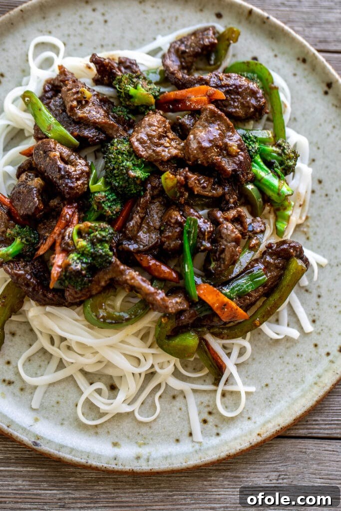 Vibrant Beef and Vegetable Stir-Fry 8 Close-up of Beef Stir Fry served over a bed of rice noodles in a bowl
