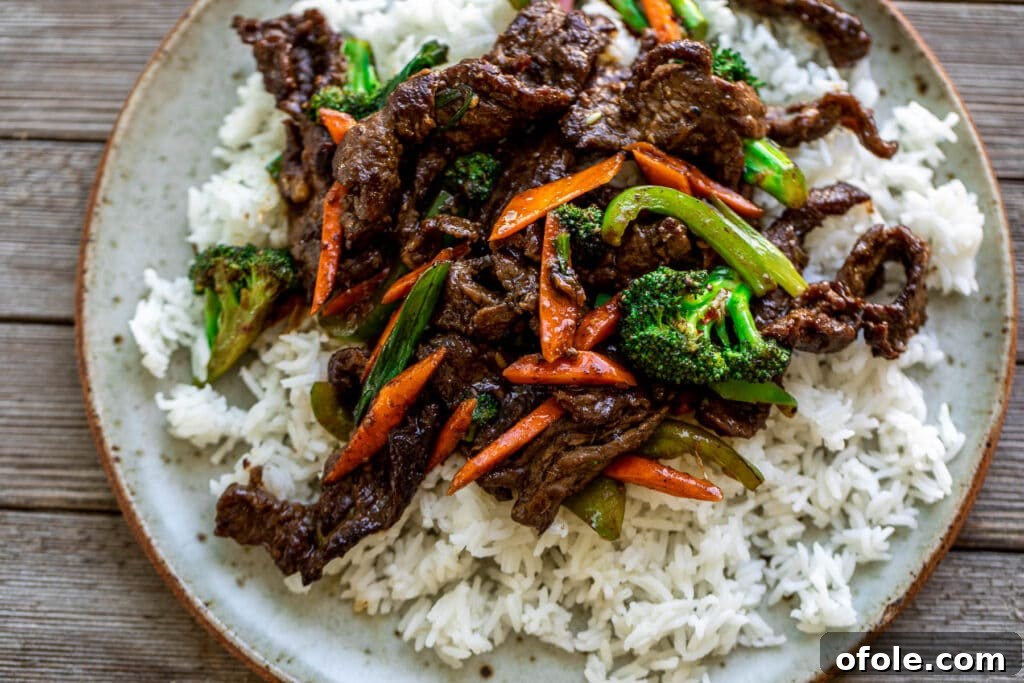 Vibrant Beef and Vegetable Stir-Fry 9 Beef and Vegetable Stir Fry generously portioned over steamed white rice