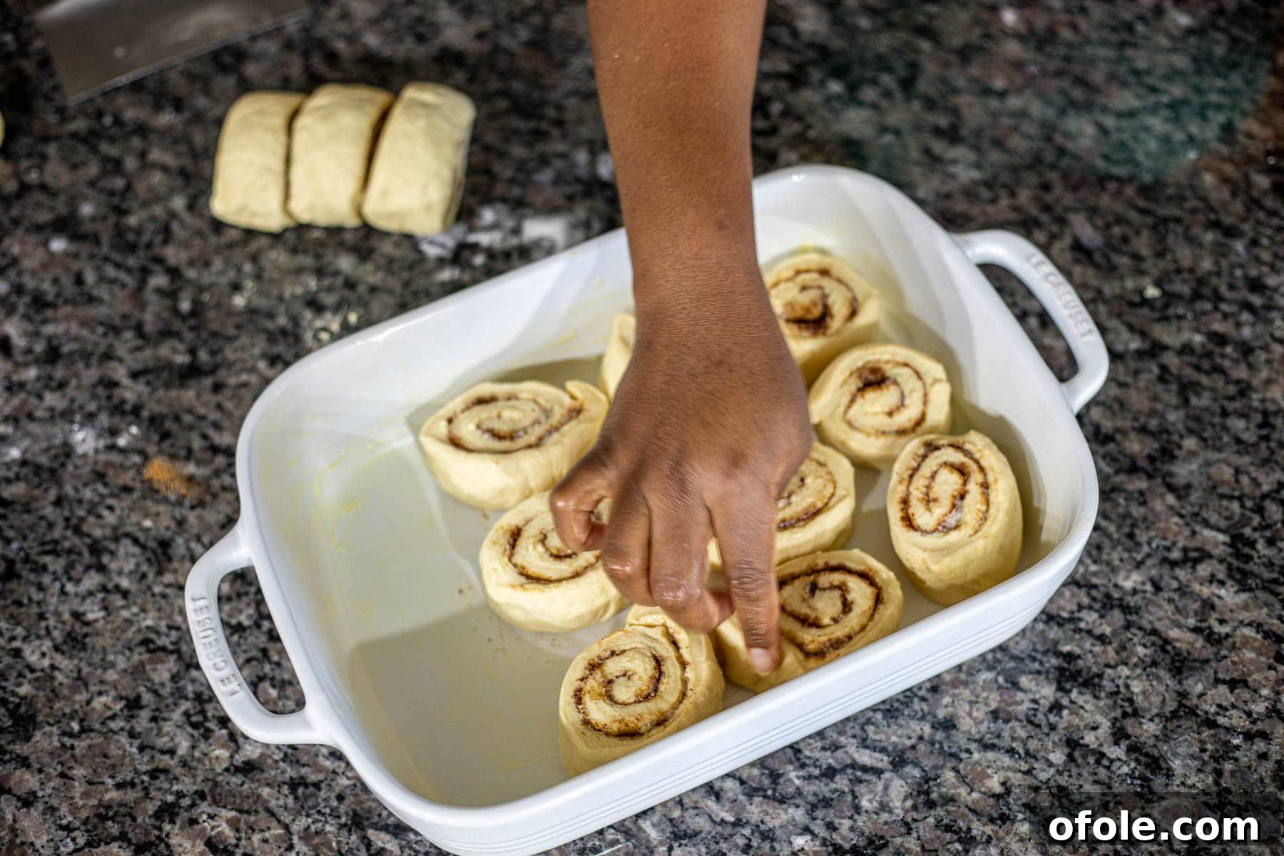 Heavenly Cinnamon Swirls with Tangy Cream Cheese Glaze 14 placing sweet rolls into a greased baking dish