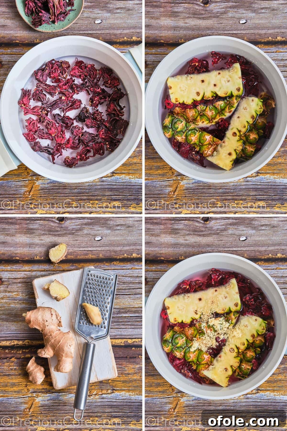 Various ingredients, including hibiscus and pineapple peels, being added to a large pot to begin making the drink.