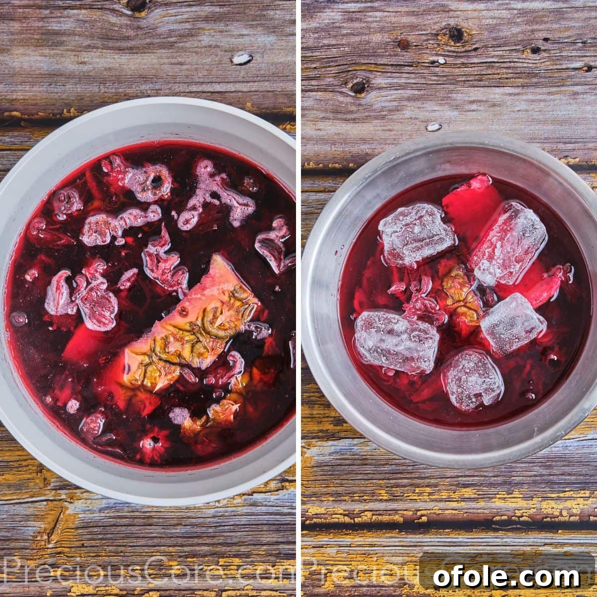 Cameroonian Folere Hibiscus Refresher 7 The boiled hibiscus and pineapple peel mixture being rapidly cooled with ice cubes in a large pot.