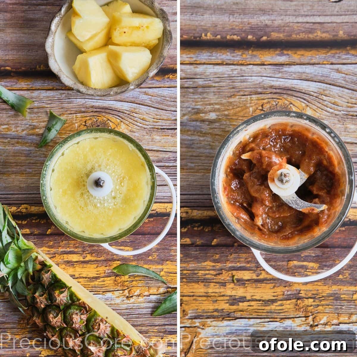Cameroonian Folere Hibiscus Refresher 8 Fresh pineapple chunks and softened dates being blended separately into smooth purees in a blender.