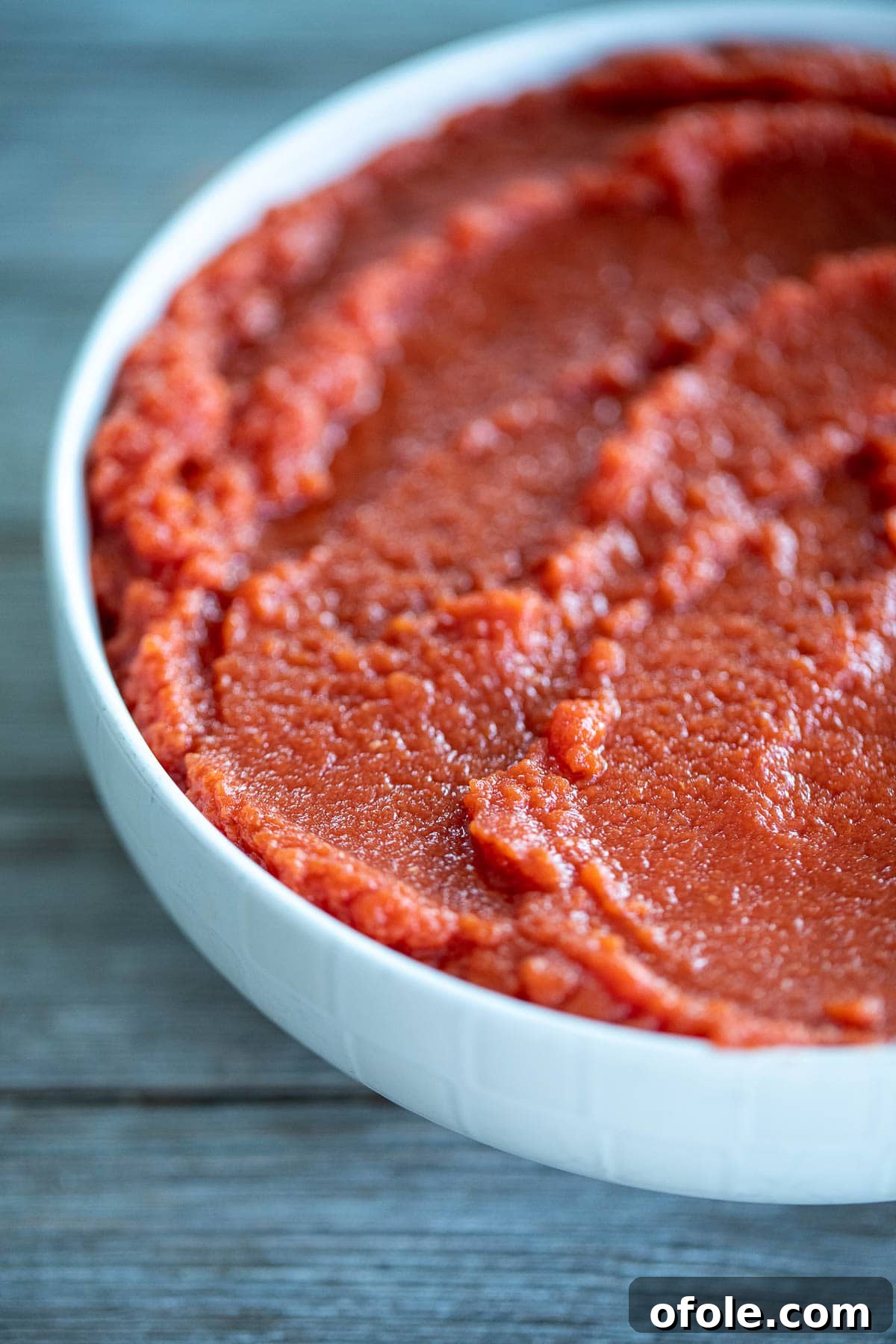 Slow-Simmered Homemade Tomato Paste 3 Close-up picture showing the smooth, thick texture of homemade tomato paste.