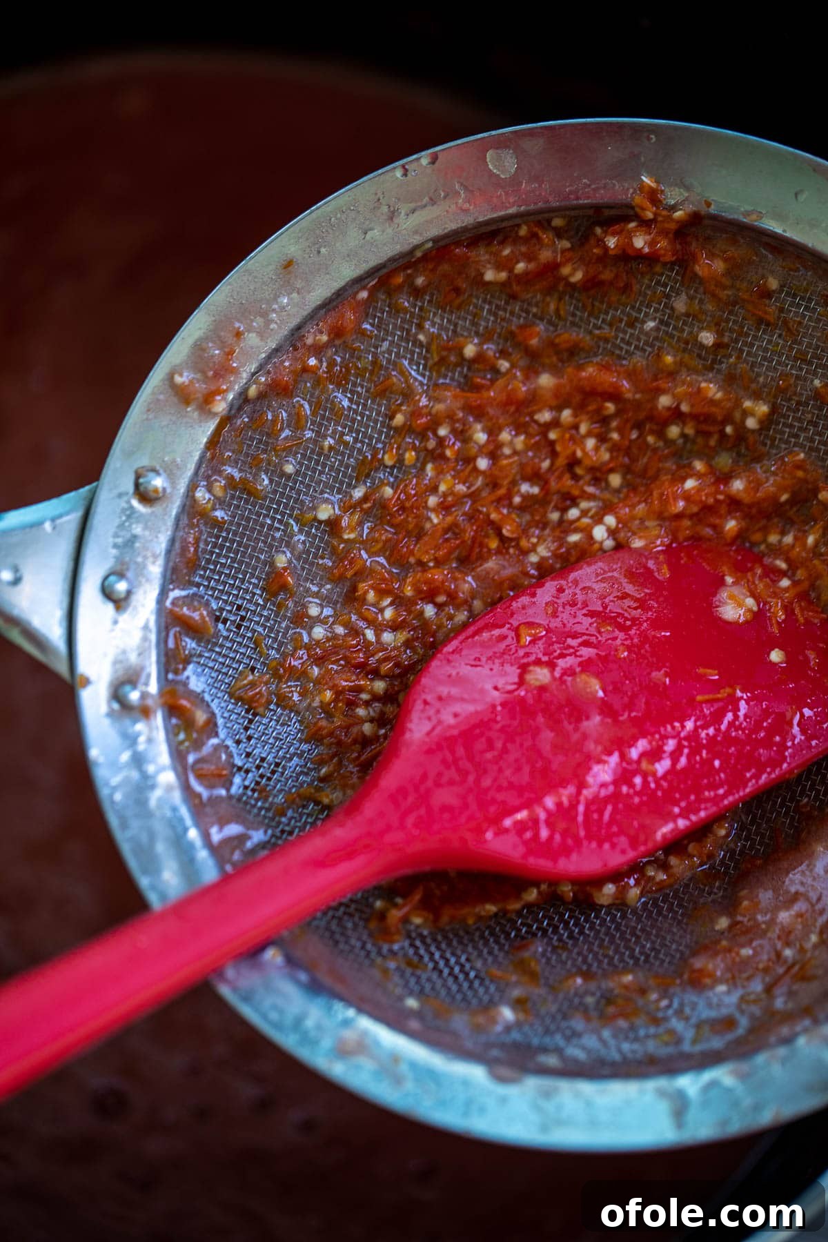 Slow-Simmered Homemade Tomato Paste 7 Tomato seeds and skins collected in a fine mesh sieve after straining the puree.