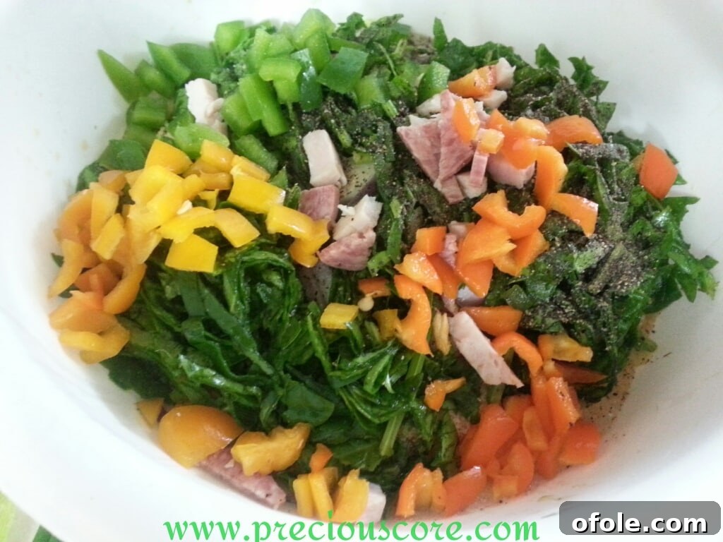 Unlock the Secret to Perfect Egg Cake 8 Various chopped vegetables and spices added to the bowl