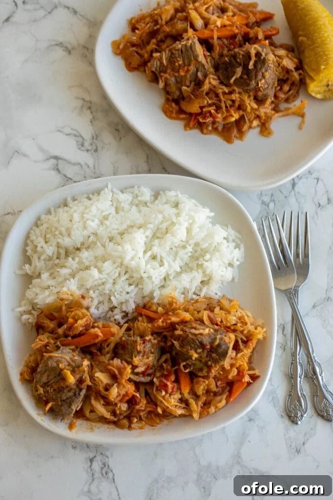 Rustic Beef and Cabbage Stew 11 A beautifully presented Cabbage Stew served with fluffy rice and sweet fried plantains
