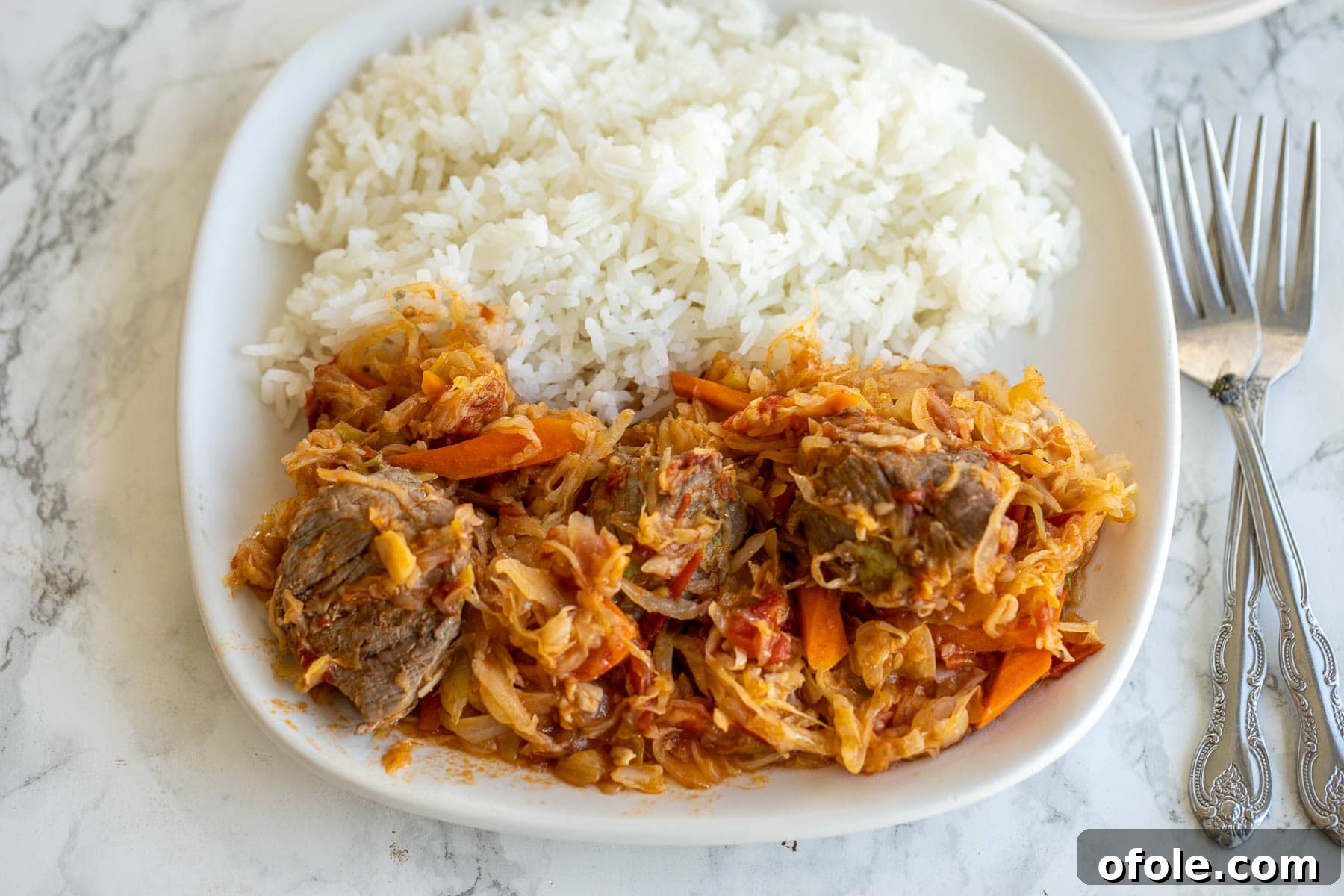 A plate featuring Cabbage and Beef Stew alongside fluffy rice and fried plantains.