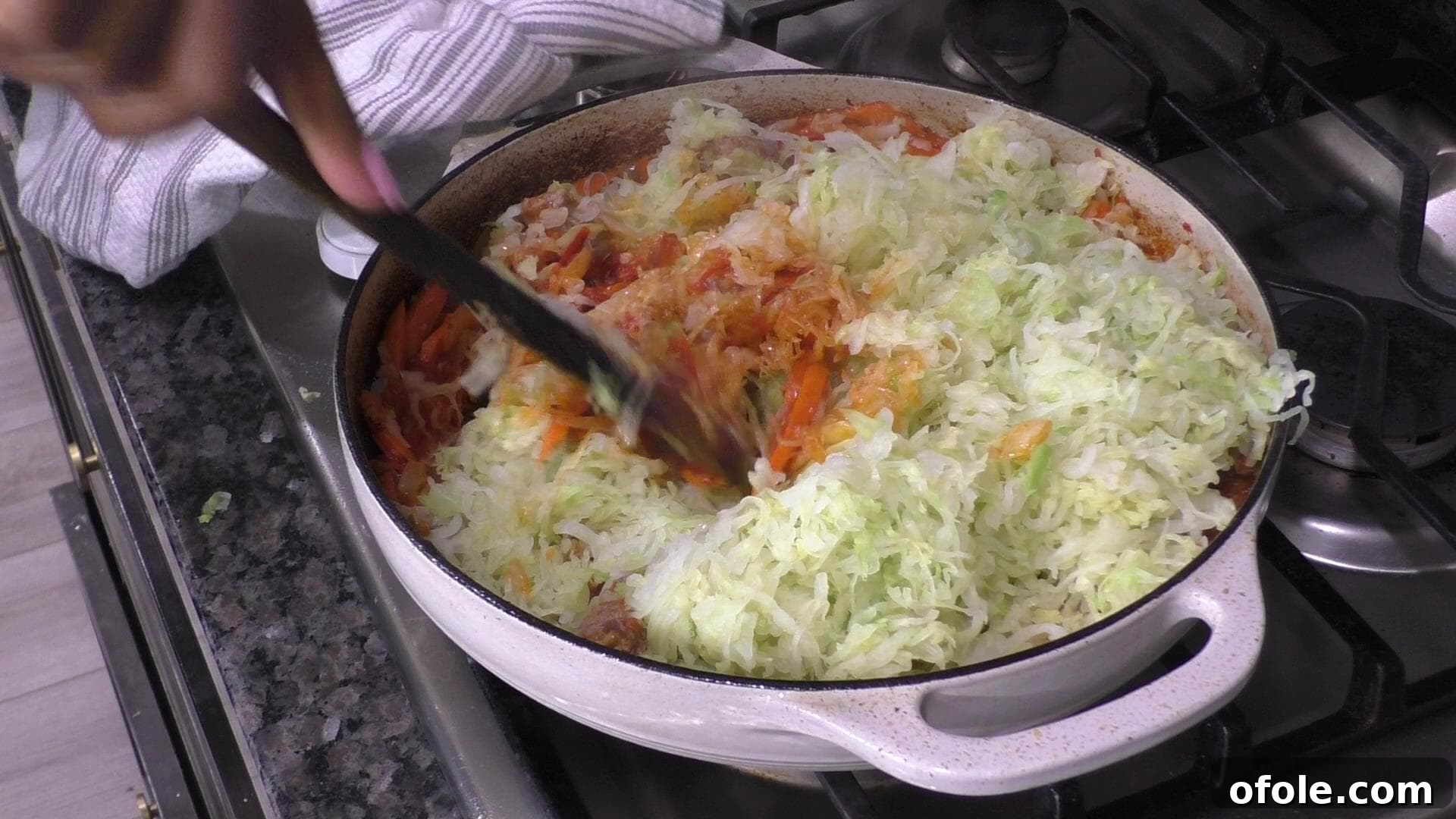 Rustic Beef and Cabbage Stew 9 Prepped shredded cabbage mixed into a savory beef and vegetable stew in a large pot