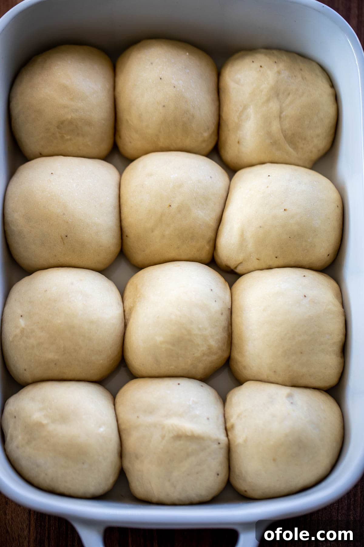 Golden Banana Bread Rolls 6 A baking pan filled with banana bread rolls after they have risen significantly, showing their increased volume and readiness for baking.
