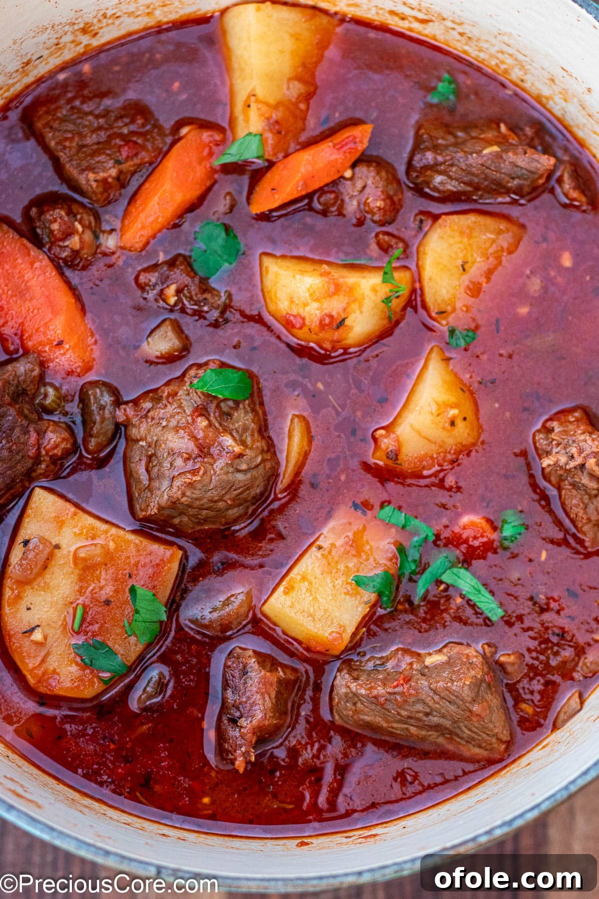 Wine-Free Beef Stew 12 The completely cooked beef stew without wine, rich and ready to serve.