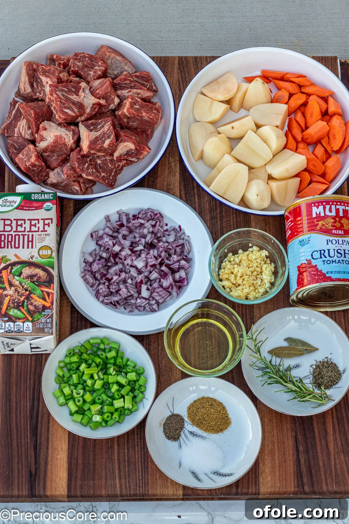 Wine-Free Beef Stew 5 All the fresh and pantry ingredients laid out for making beef stew without wine or flour.