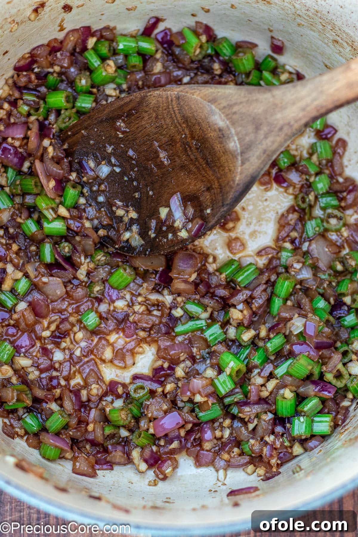 Wine-Free Beef Stew 8 Onions and celery gently sautéing in the Dutch oven, releasing their aromatic flavors.