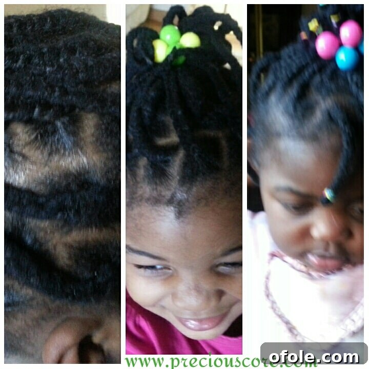 After image of a child's freshly braided hair, showcasing a neat, tidy, and beautifully styled new look.