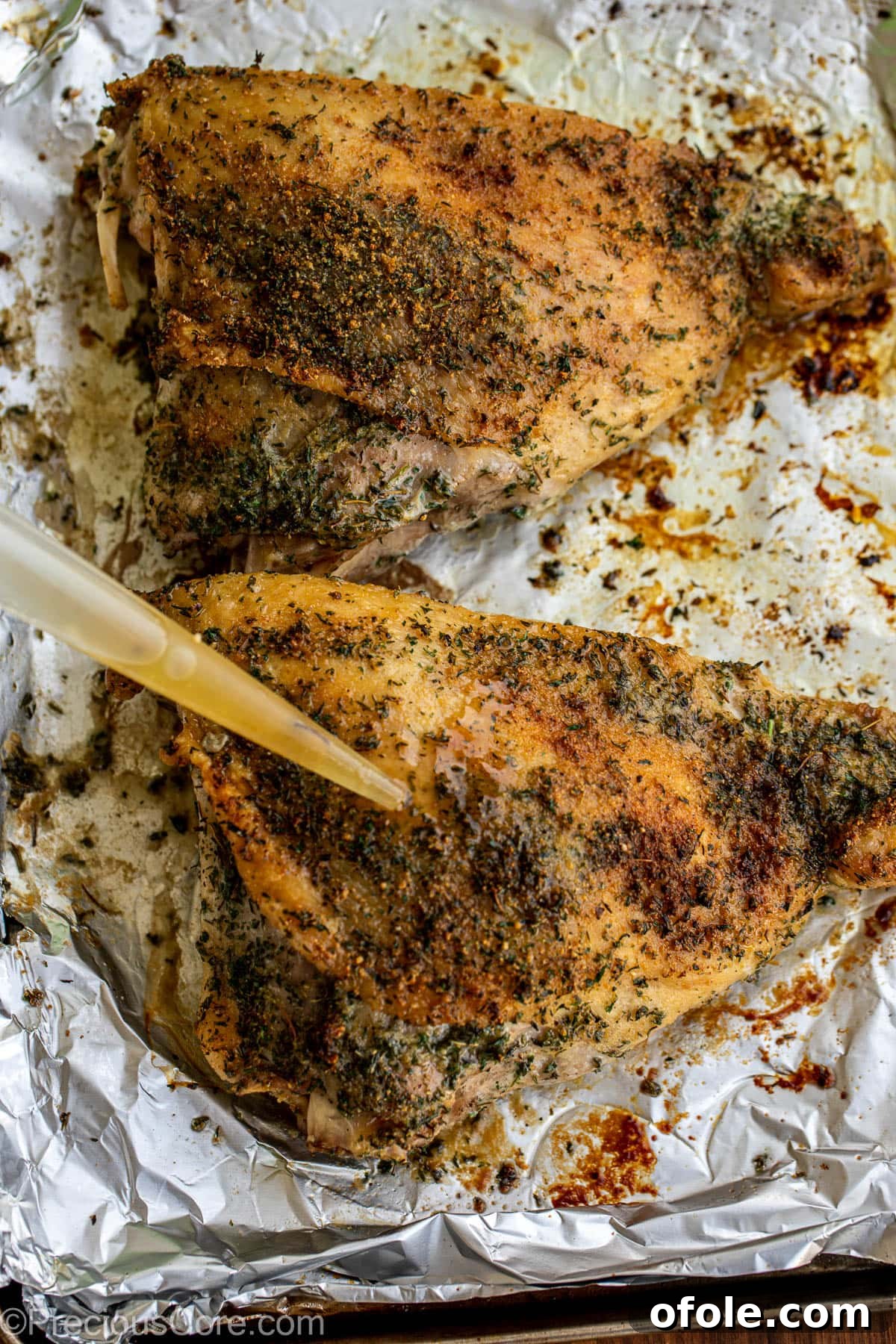A cook basting a roasted turkey thigh, ensuring moisture and enhancing crispness.