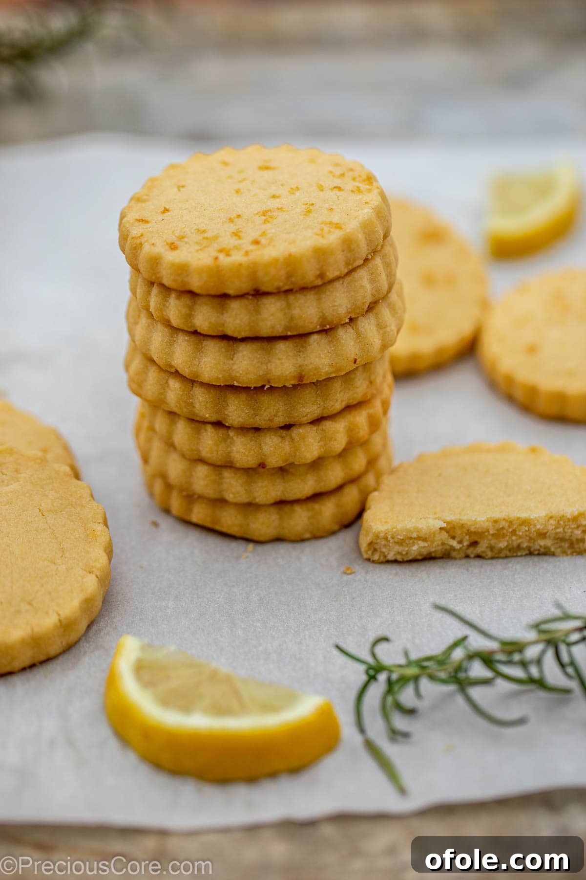 A beautifully stacked tower of golden Lemon Shortbread Cookies, ready to be enjoyed.