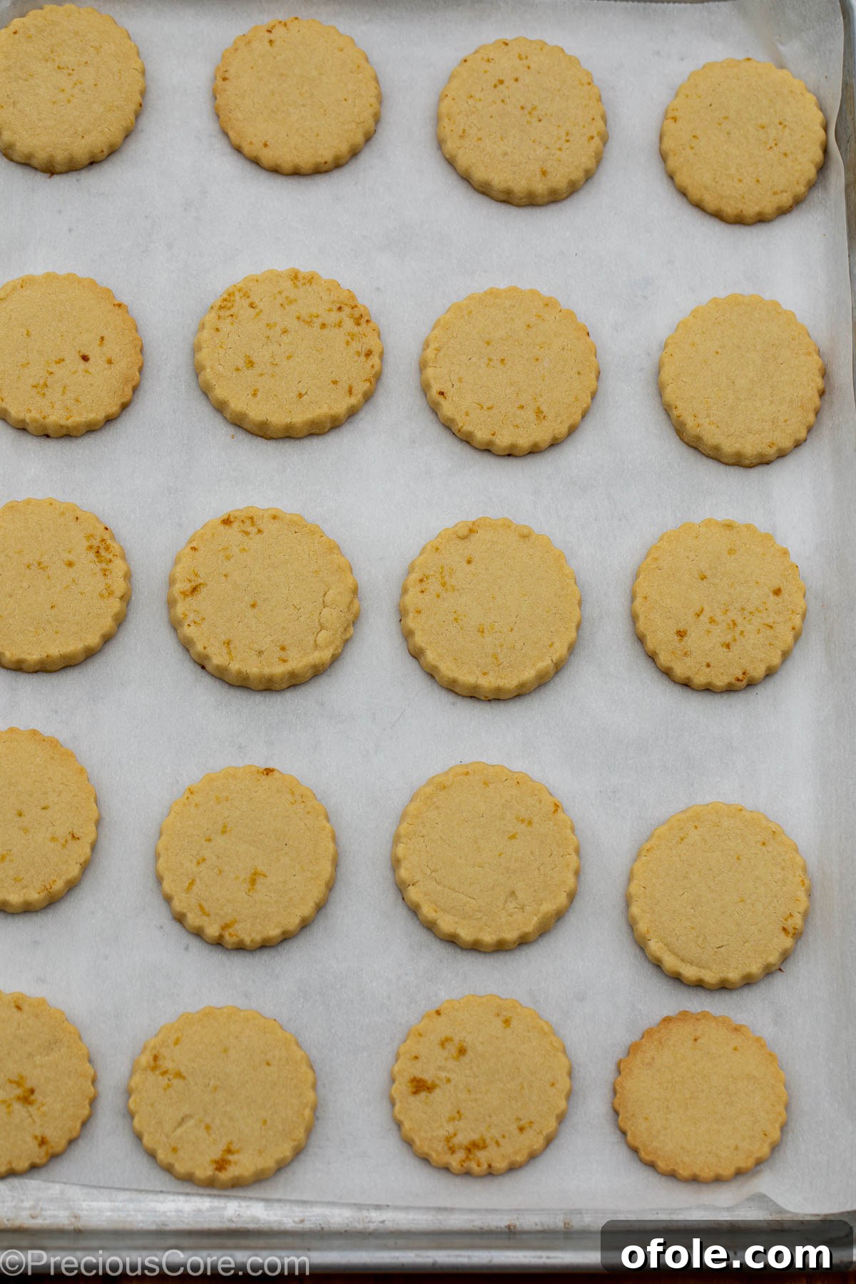 Freshly baked lemon shortbread cookies, golden brown around the edges, cooling on a baking sheet.