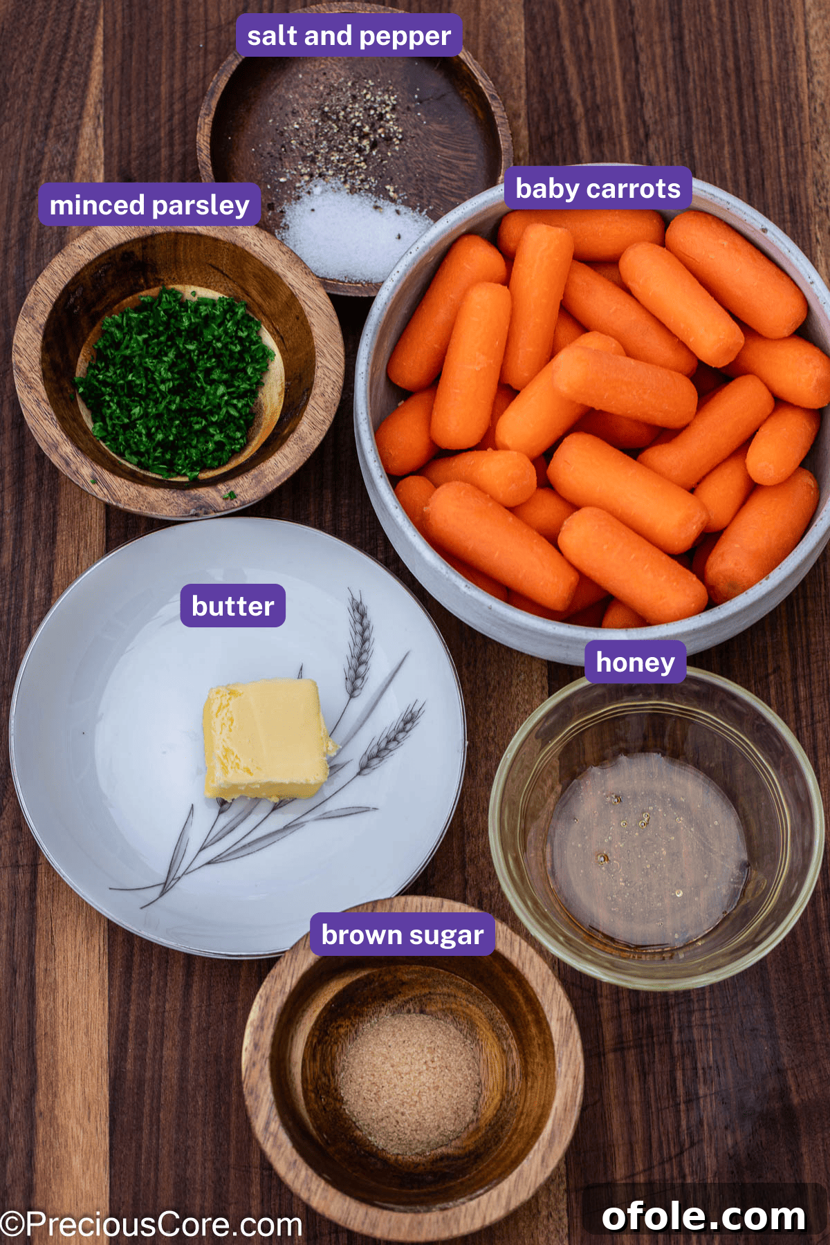 Key ingredients for brown sugar honey glazed carrots laid out with labels including carrots, honey, brown sugar, butter, and parsley.